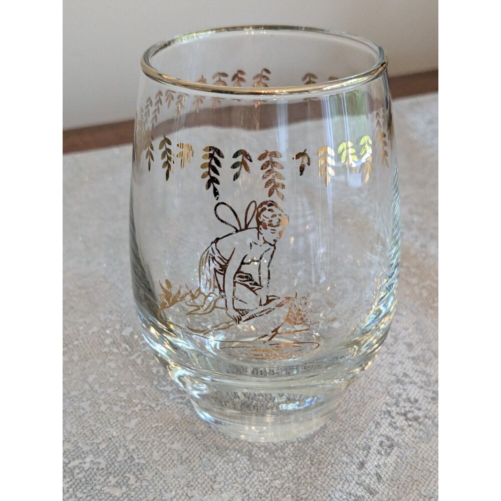 White Rock Tumblers Set 4 Nymph Fairy VTG GingerAle Gold Paint Glass MCM 50s 60s